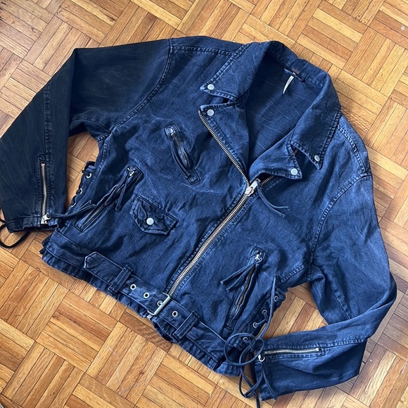 Free People Black Oversized Denim Moto Jacket Corset Lace Up - Picture 5 of 8